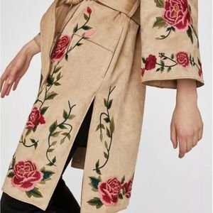 Zara Basic Faux Suede Camel Kimono Duster w/Rose Embroidery Sz XS